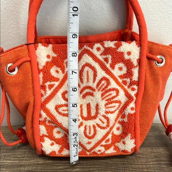 American & Beyond |Orange Beaded Mini Tote/Bucket Bag w/ Beaded Crossbody Strap - Picture 10 of 11